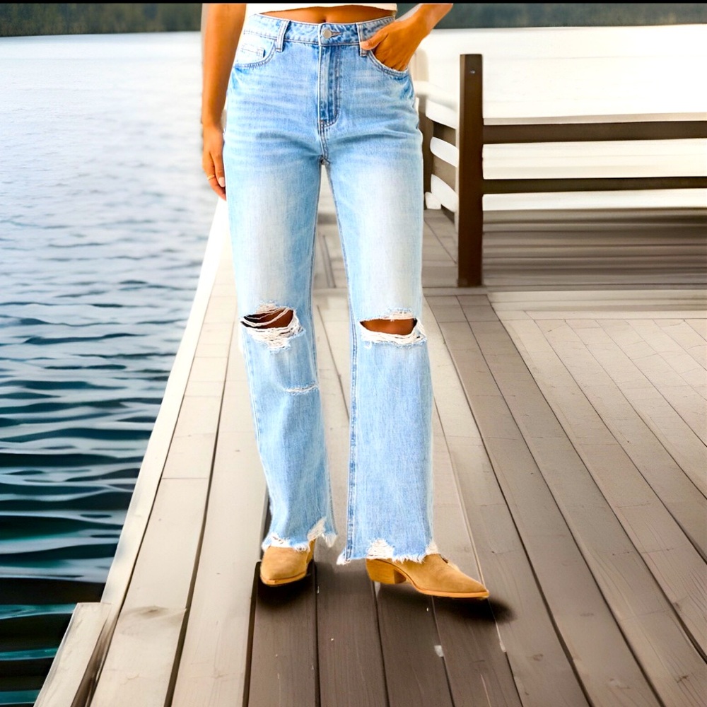 Altar’D State Distressed Straight Jeans W/ Ripped Knees Fringe Cuffs Light Wash